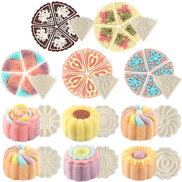 (Specialerbjudanden!) QU*Mooncake formpress 50 g 2 set med 11 stämplar, blomma och triangel form dekorationsverktyg för bakning DIY kaka (vit)