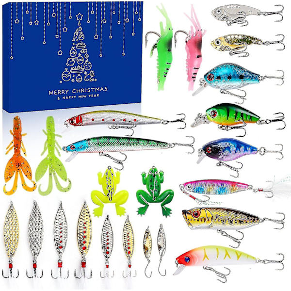 Fiskejulkalender - Fiskeutstyrsett, Fiskeutstyr for Voksne Menn Gutter, Fisketilbehør (24 stk)