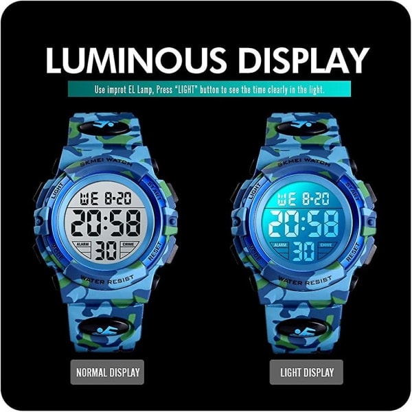 Drenge Ur Digital Sport Vandafvisende Elektronisk Børneure Alarm Ur 12/24 H Stopur Kalender Dreng Pige Armbåndsur