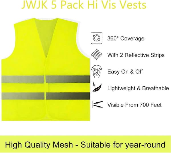 5-pack Reflexvästar, Säkerhetsvästar, Standardstorlek Reflexvästar med Hög Synlighet, Unisex Reflexjacka för Trafikarbete, Löpning, Lantmätare