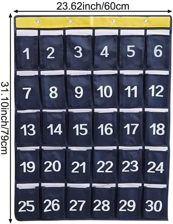 Numbered Classroom Storage Pocket Chart - 30 Pockets - Hanging Pocket Organizer - School Storage Bags