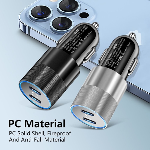 40W USB-C Snabb Billaddare 2 Portar Adapter Dubbel Typ C SVART black