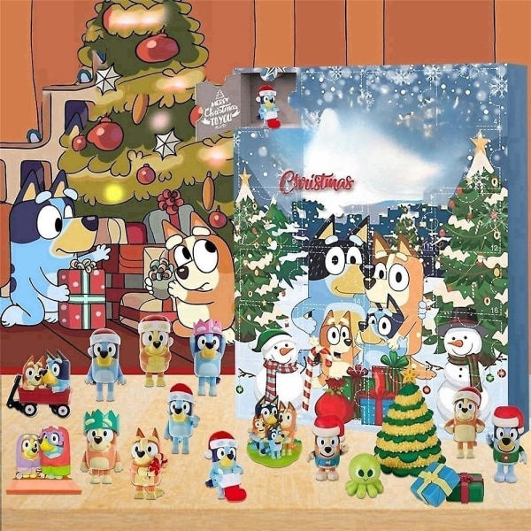 Julkalender Bluey 2023, 24 dages nedtællingskalender, tegnede Bluey-figurer dukkegaver