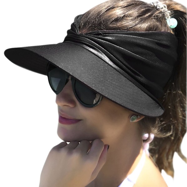 Solskyddskeps för damer, bred brätte, sommarhatt utan topp, hopfällbar, snabbtorkande solhatt, strand sportkeps, svart black