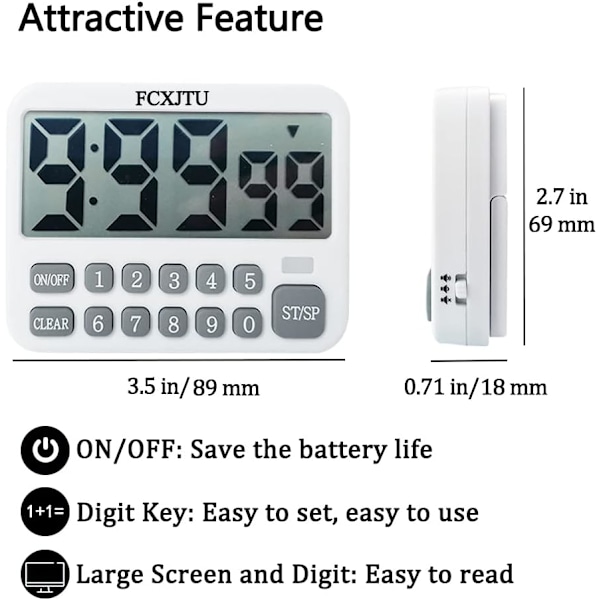 Multifunksjonell digital timer, intervalltimer for økt produktivitet, nedtellingstimer for ulike aktiviteter, brukerminnefunksjon
