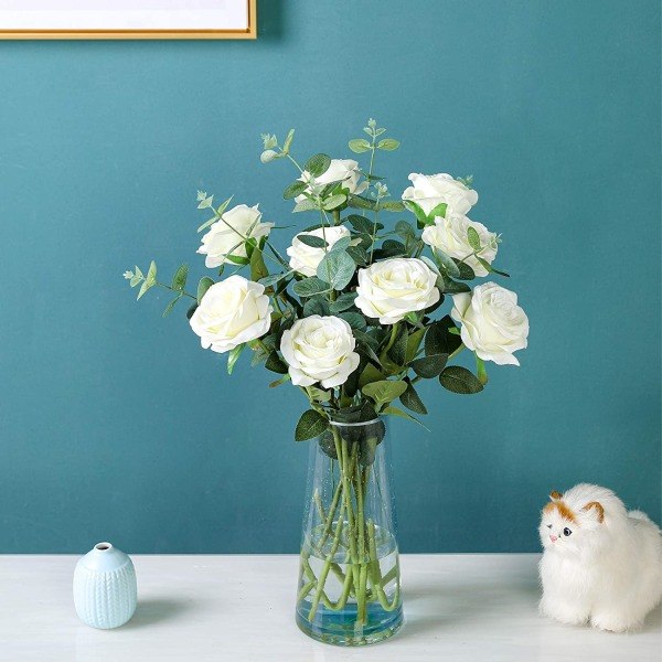 12 Pakke Kunstige Roser Blomster Silke Realistiske Blomster, Hvid