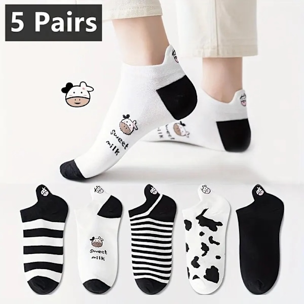 5 Par Damsockor med Söt Ko-Mönster, Korta Sockor, Kreativa Tryckta Sockor, Ankelsockor, 5 Par Enkelt Kod