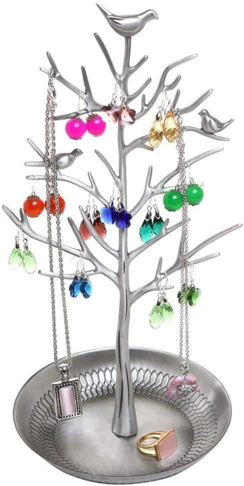 Smykkeholder øreringeholder ring display fugle træ halskæde arrangør (antik sølv)