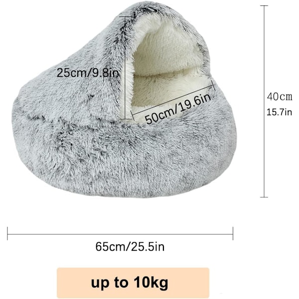Mjuk plysch lugnande säng för hundar under 10 kg, tvättbar anti-ångest hundsäng för små och medelstora hundar, mjuk varm inomhus munkbädd (65 cm, grå)
