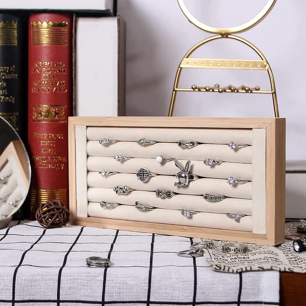 Bamburing Displaybricka for salg, ringholder stativ for utstilling, liten smykkeorganisator (beige)