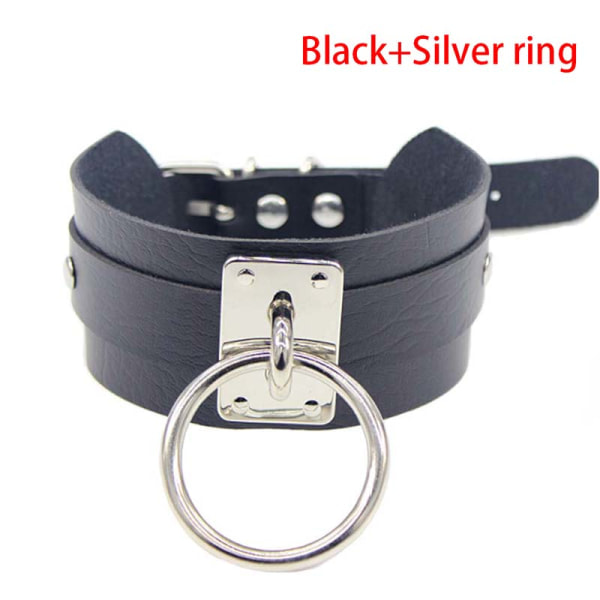 Punk Gothic Bred PU Læder O-Ring Krage Choker Halskæde Kvinder Sort+Sølv Ring