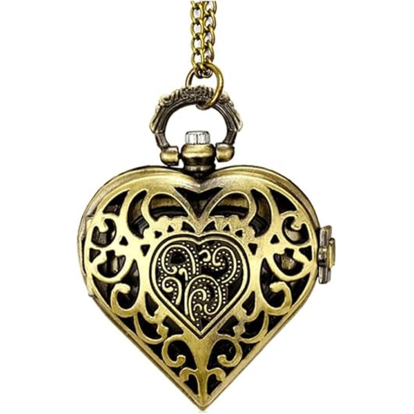 Dameur med hjerteformet vedhæng, analogt lommeur med kæde, bryllupsgave til hende, Valentinsdagsgave til kvinder (bronze)