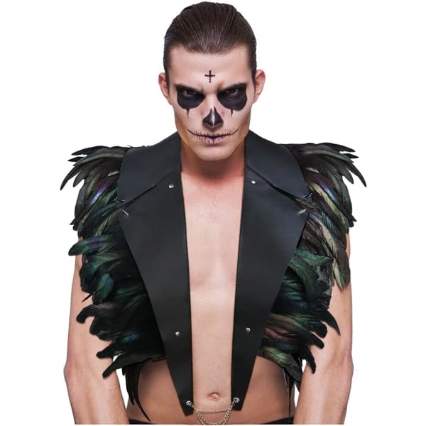 Gotisk svart fjäderkappa stola axelryckning PU-läder krage axelomslag vingar bolero halloween kostym (svart)