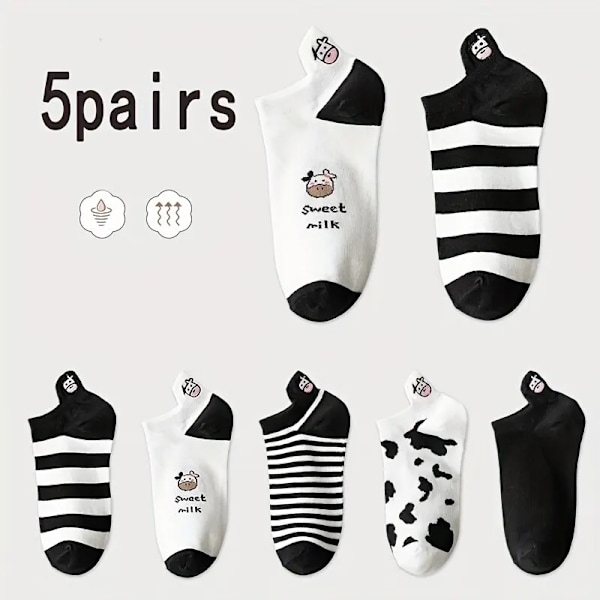 5 Par Damsockor med Söt Ko-Mönster, Korta Sockor, Kreativa Tryckta Sockor, Ankelsockor, 5 Par Enkelt Kod