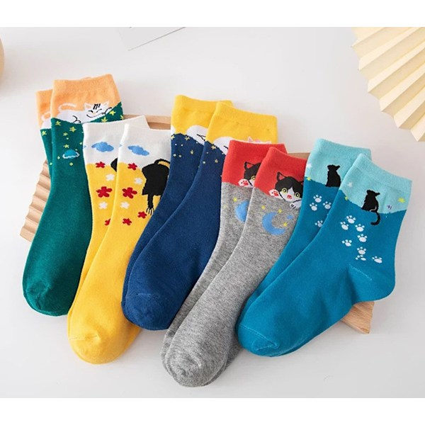 5 par roliga strumpor med kattmotiv, färgglada, trendiga, söt design, A0550