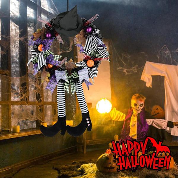 Halloween-ovikranssi ulko-oveen, 27 tuuman noitakranssikoristeet, Halloween-ovikranssi noitakorkki ja luut pumppukoristeet ulko-oveen tai sisätiloihin