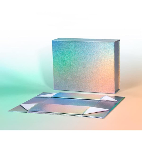 (Specialtilbud) Magnetiske gaveæsker med låg (1 stk), 33x25x12 cm Store gaveæsker, holografisk sølv Luksus stærk
