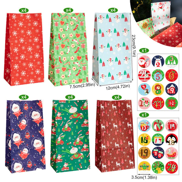 Julklappspåsar med 24 set juldekaler Adventskalender Godispåsar