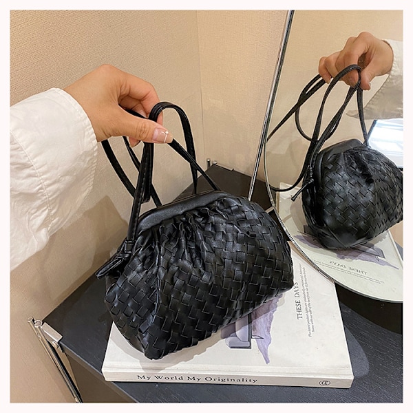 Vævet PU-lædertaske, trendy skuldertaske black