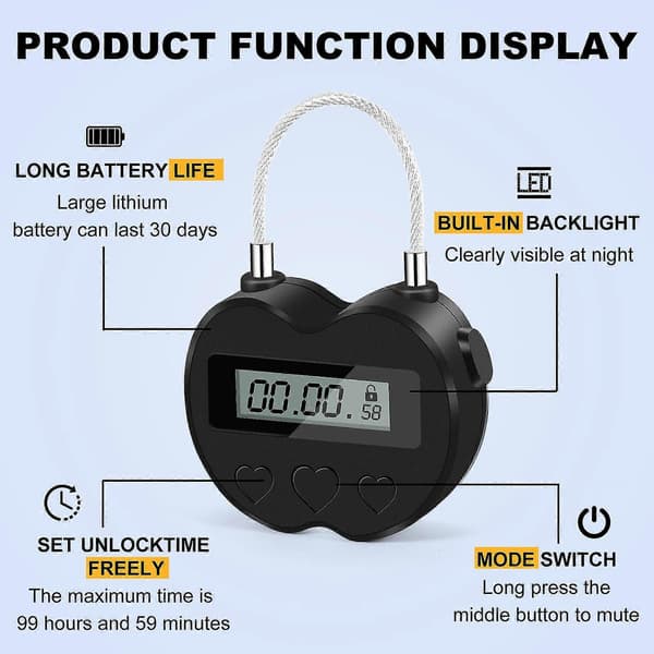 Smart Tidslås LCD-display Multifunktionel Elektronisk Timer til Rejser, Vandtæt USB Genopladelig Midlertidig Timer Hængelås