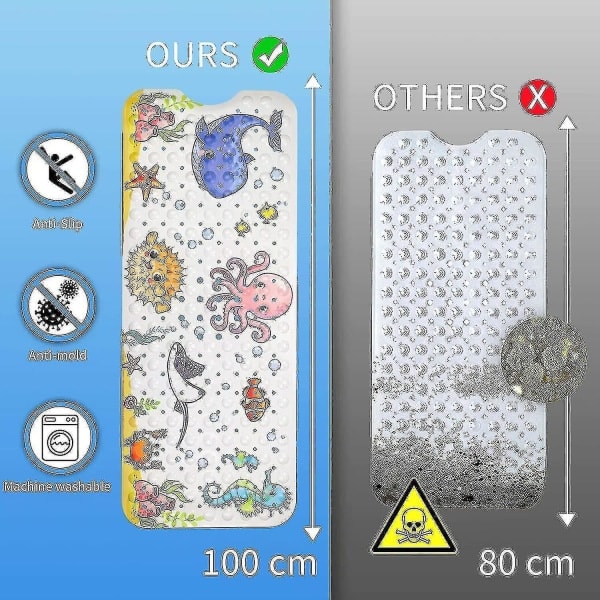 Mng skridsikker bademåtte 100x40cm, skridsikker badekarsmåtte med 200 sugekopper PVC-material, brusemåtte med tegnede havdyr til børn og baby--