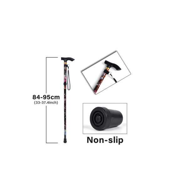 Svart - 1-delad hopfällbar käpp, blommig aluminiumkäpp, justerbar lätt bärbar vandringsstav med ergonomiskt halkfritt handtag,