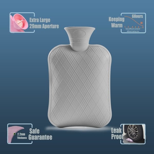 Varmtvannsflaske med trekk, 2L PVC varmtvannsbag for nakke, skuldersmerter og håndvarmer, menstruasjonssmerter, varm kompress og kuldeterapi (Grå)