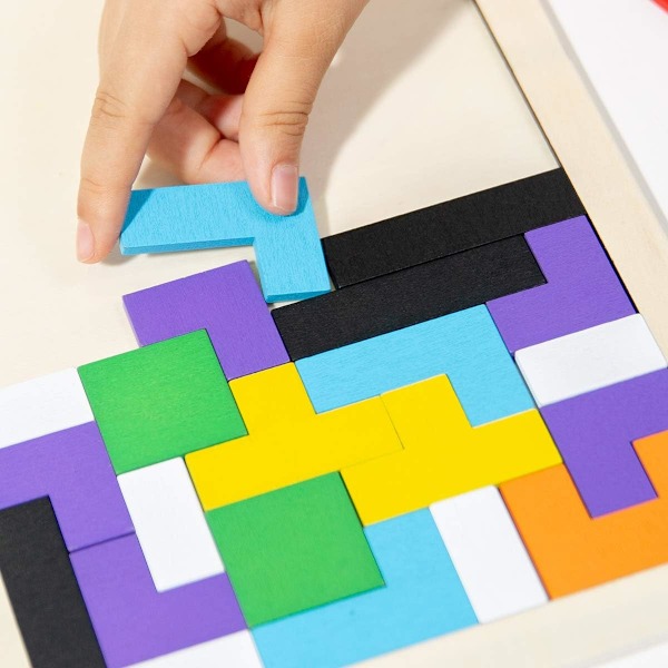 Wooden Tetris Puzzle 40 Pieces Brain Teaser Game Tangram Puzzle Blocks IQ Puzzle Stocking Filler Early Educational Gift