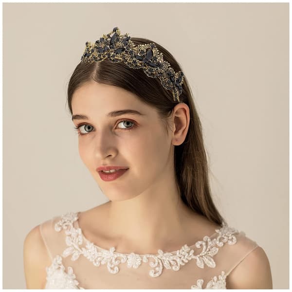 Svart Tiara for Kvinner Gullkrone for Jenter Bryllup Prinsesse