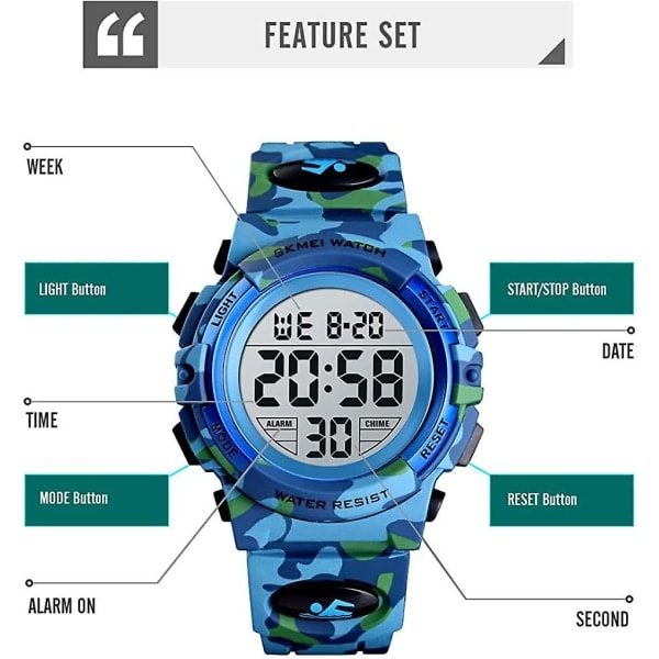 Drenge Ur Digital Sport Vandafvisende Elektronisk Børneure Alarm Ur 12/24 H Stopur Kalender Dreng Pige Armbåndsur