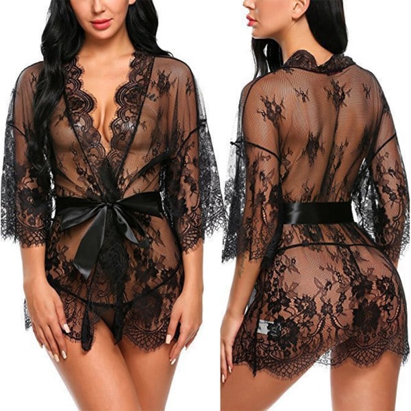 Dammode Transparent Spets Utskuren Sexig Nattklänning Svart Svart XL