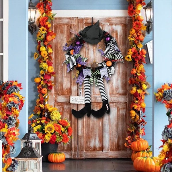 Halloween-ovikranssi ulko-oveen, 27 tuuman noitakranssikoristeet, Halloween-ovikranssi noitakorkki ja luut pumppukoristeet ulko-oveen tai sisätiloihin