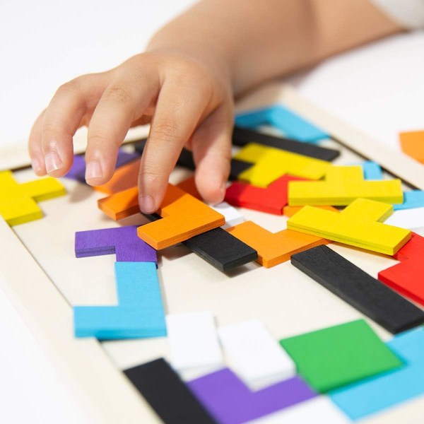 Wooden Tetris Puzzle 40 Pieces Brain Teaser Game Tangram Puzzle Blocks IQ Puzzle Stocking Filler Early Educational Gift