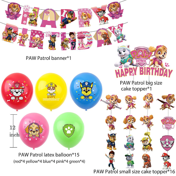 Paw Patrol Wangwang Team Födelsedagsfest Dekorationer Dra Flag Banner Ballong Tårta Plug Dekorativ Set