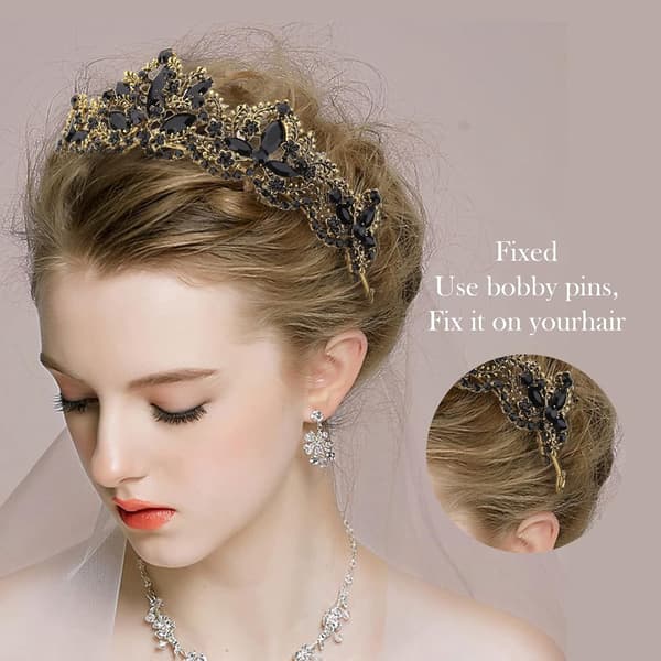 Svart Tiara for Kvinner Gullkrone for Jenter Bryllup Prinsesse