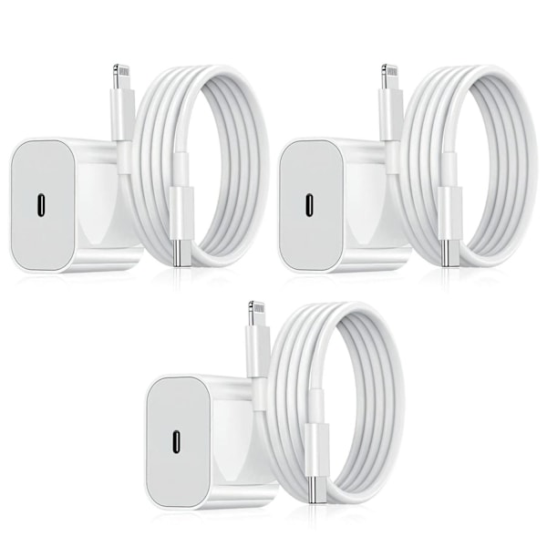 (Erikoistarjous) Laturi iPhonelle - Pikalaturi - Adapteri + Kaapeli 20W USB-C Valkoinen 3-Pack iPhone White