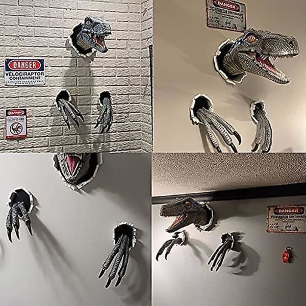 Velociraptor Staty Vägg, Väggmonterad Dinosauriehuvudskulptur, Dinosaurie Byst Hängande Rekvisita Replika