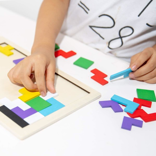 Wooden Tetris Puzzle 40 Pieces Brain Teaser Game Tangram Puzzle Blocks IQ Puzzle Stocking Filler Early Educational Gift