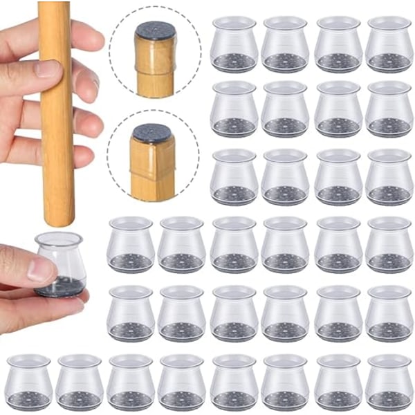 32 st Silikon stolsbensskydd, Storlek: Small (passar 23 - 32 mm), små stolsbensskydd, transparenta silikonskydd för stolsben med filt