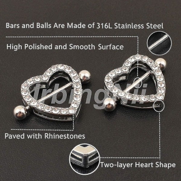 2 par hjerter nippelringer 316L rustfritt stål nippelpiercinger skive stang 14g dobbelt lag -GSL