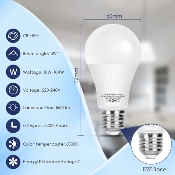 A60 E27 LED-lampa Kallvit 6500K - 10W A60 Globlampor - 1600 lumen - CRI ≥ 80 - Ej dimbar - 7-pack