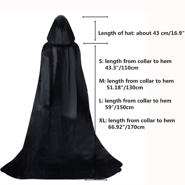 Halloweenkappe - Sort hætte - Middelalderstil - Satin - Halloween julekostume 150cm