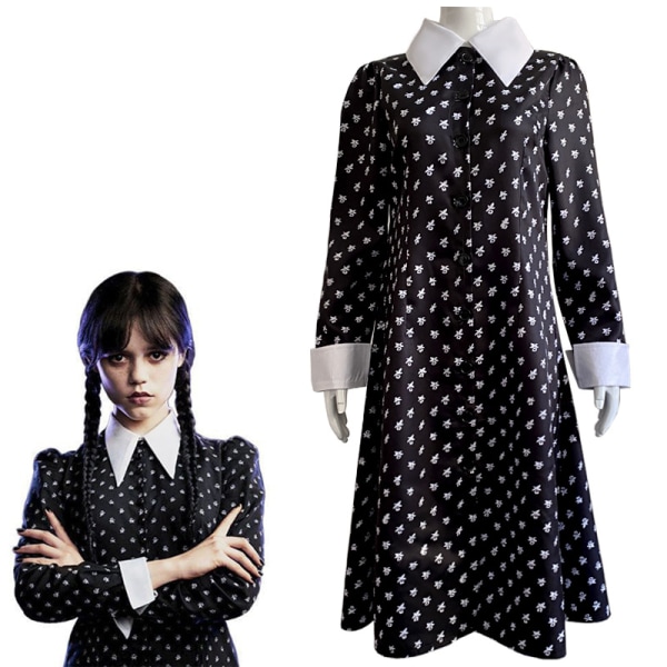 Onsdag Addams Cosplay Kostym Set Carnival Party Disguise dress and bag 140cm