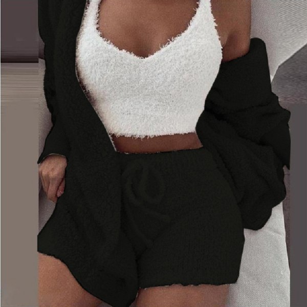 Vinterplysch hemkläder 3-delad pyjamas set med öppen navelväst black XL