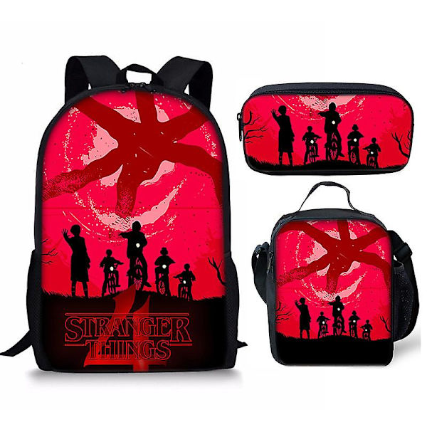 Stranger Things4 Student Skolväska Barn Unisex Ryggsäck Måltidsväska 15 3pcs