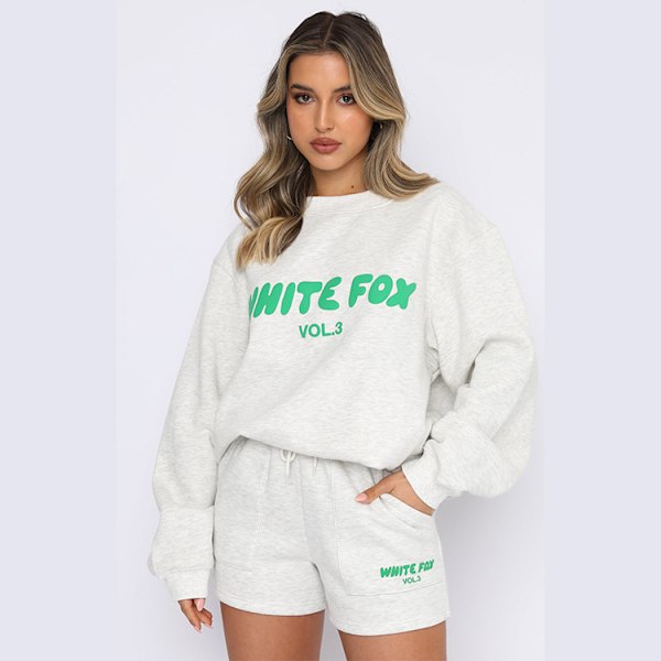 2023 Höst/vinter Plysch förtjockad mocka Pullover långärmad topp white shorts+jumper M#