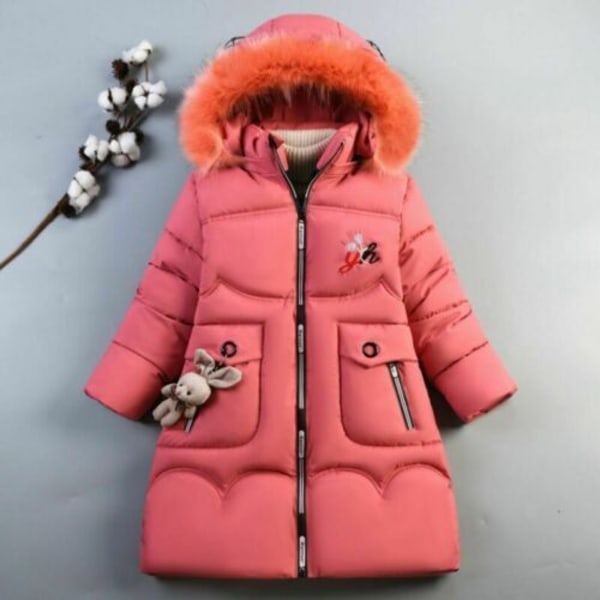 Flickor Vinter Varm Hooded Coat Vadderad Tjock Parka Cotton Jacka Watermelon Red 150cm