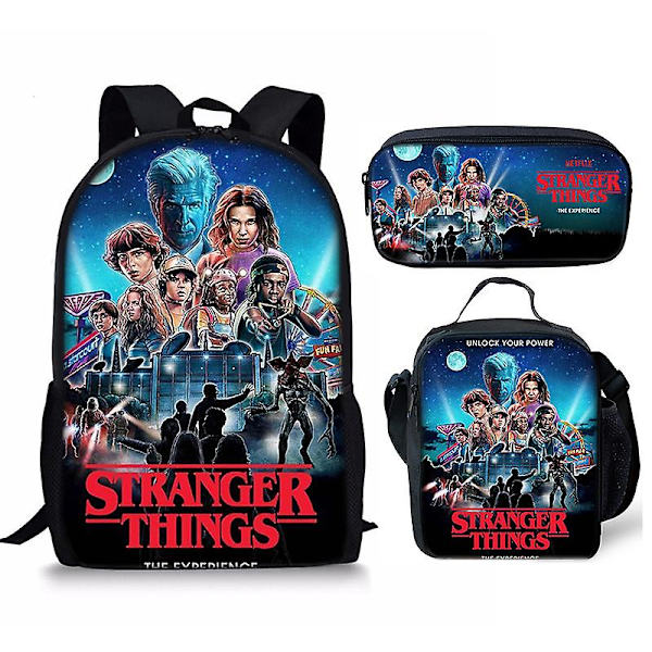 Stranger Things4 Student Skolväska Barn Unisex Ryggsäck Måltidsväska 18 3pcs
