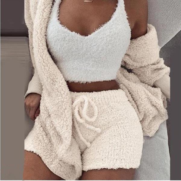 Vinter varm pyjamas exponerad navel långärmad väst shorts set beige S