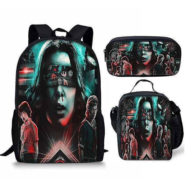 Stranger Things4 Student Skolväska Barn Unisex Ryggsäck Måltidsväska 19 3pcs